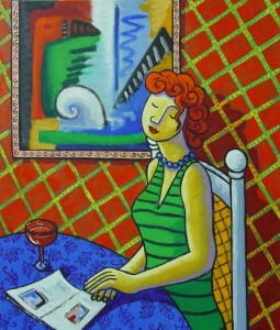 Woman with abstract painting By Jacques Tange