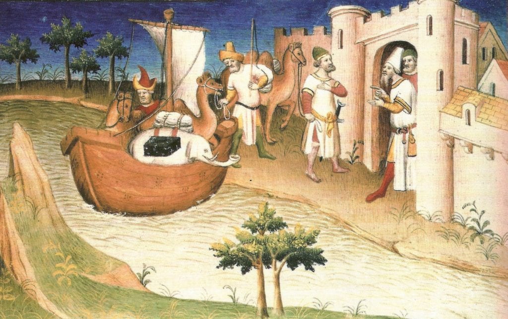 Marco Polo travelling, Miniature from the Book "The Travels of Marco Polo" ("Il milione"), originally published during Polos lifetime(September 15, 1254 - January 8, 1324), but frequently reprinted and translated.