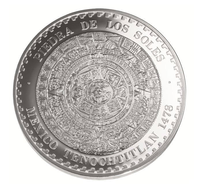 Moneda "Piedra de los soles". Imagen del catálogo de la Casa de Moneda de México.